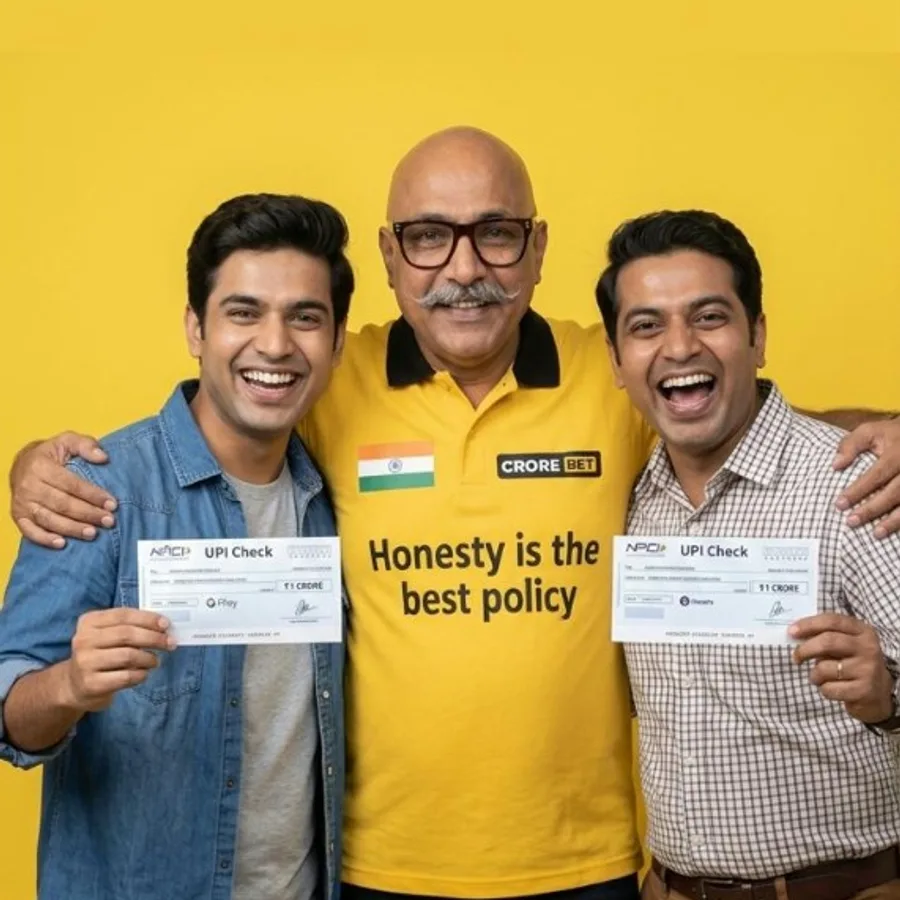 Crore Bet owner with winners holding UPI payout checks beside the bank credit message twenty-two minutes later