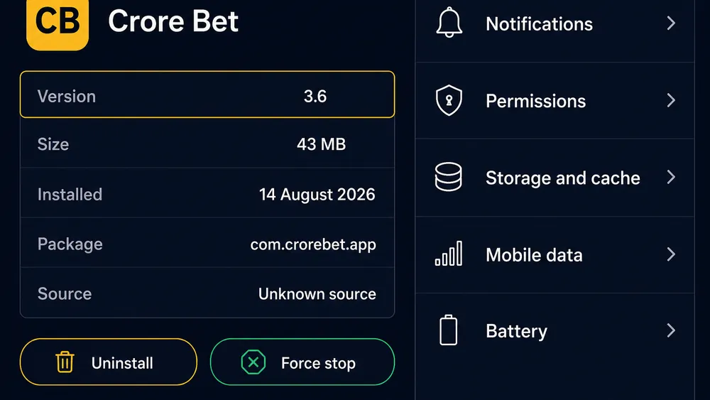 Android app info screen showing the installed Crore Bet version number and install date