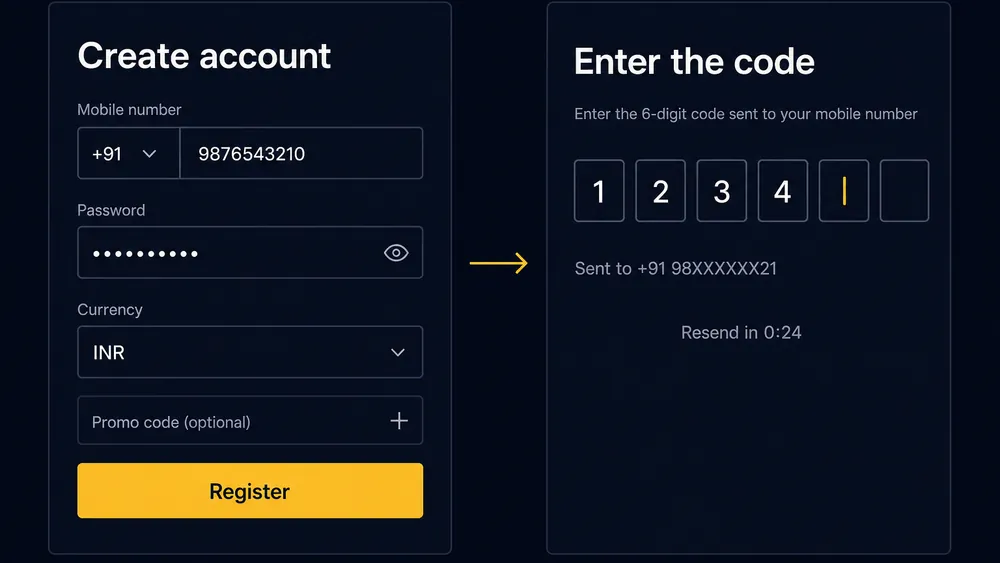 Crore Bet app registration sheet with the mobile number field and six-digit OTP entry boxes