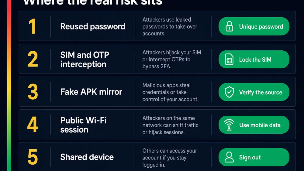 Ranked list of five casino-account threats with the matching mitigation beside each one
