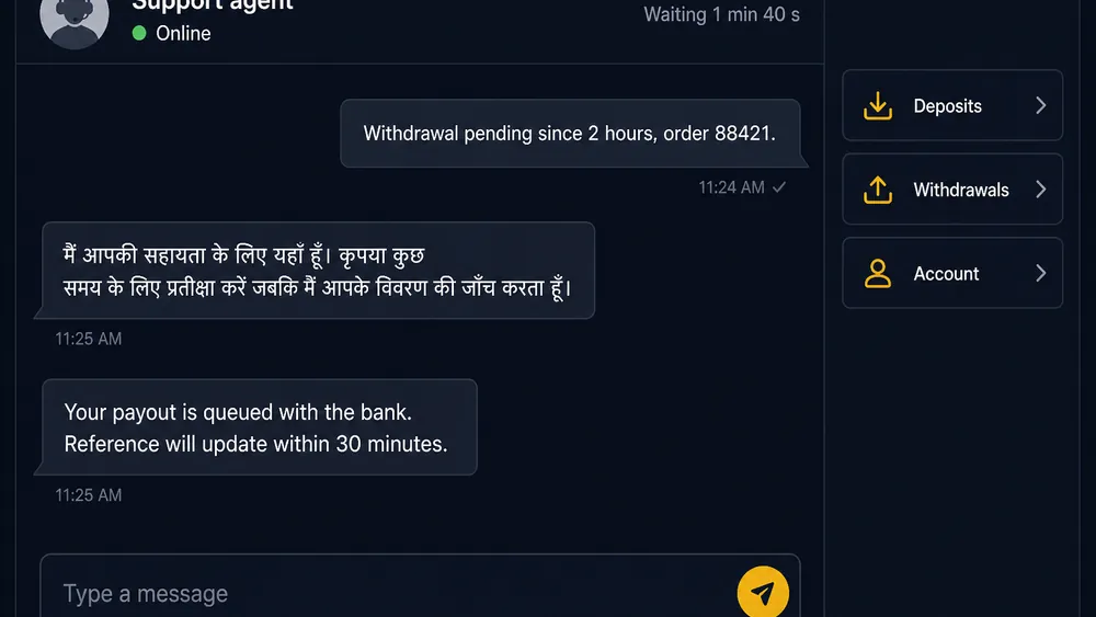 Live chat window showing an agent reply in Hindi with the elapsed time since the ticket opened