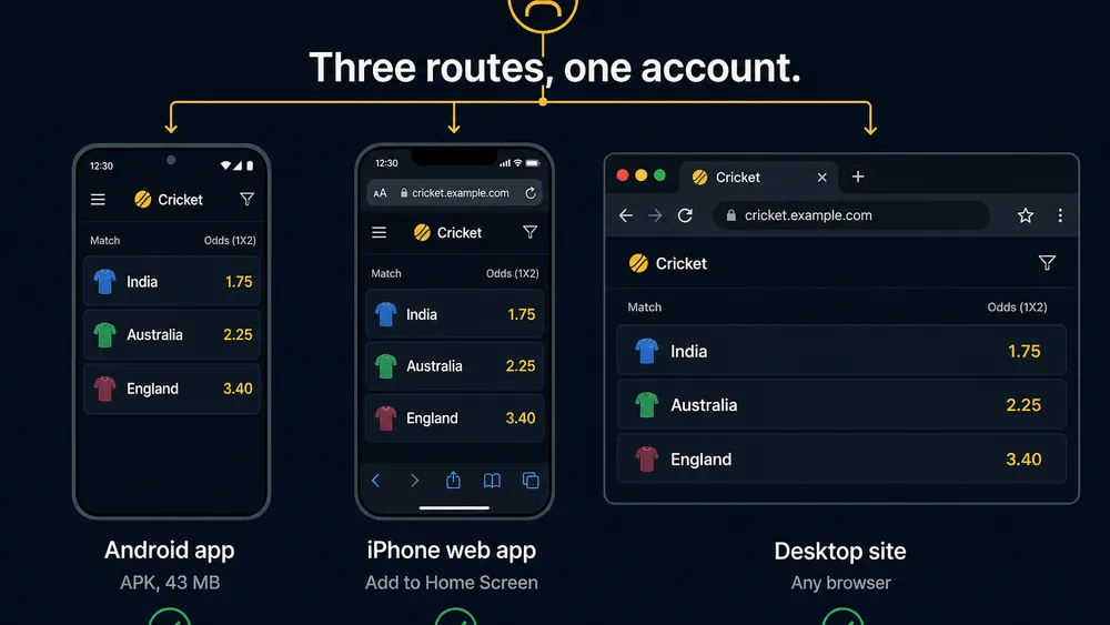 Side-by-side comparison of the Crorebet Android app, an iPhone home-screen icon and the desktop site showing the same casino category
