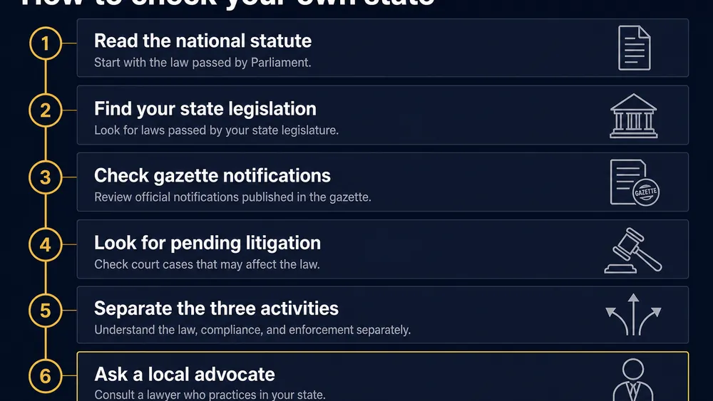 Research checklist showing the order for reading the national statute, state legislation, gazette notifications and pending litigation