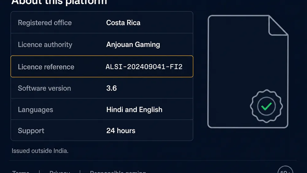Licence reference ALSI-202409041-FI2 and the operator company name displayed at the foot of the Crorebet information screen