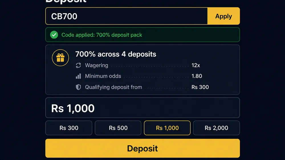Cashier deposit screen with a promotional code box above the offer panel and the deposit amount keypad below