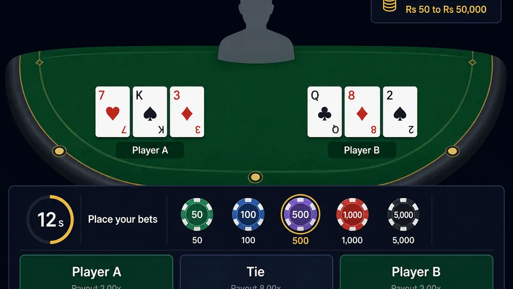 Crorebet live Teen Patti table with Hindi dealer, chip selector and action timer on a phone screen