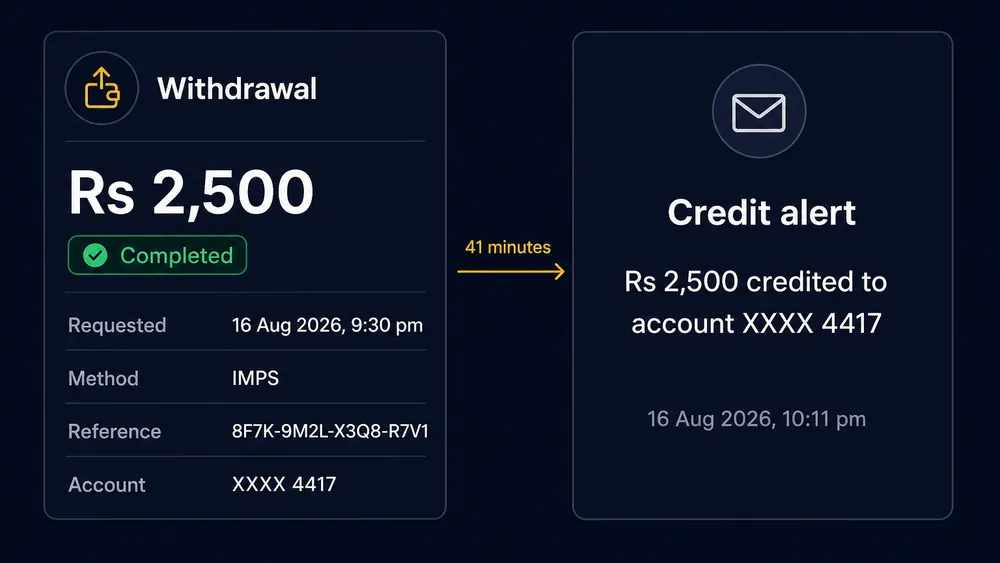 Transaction history entry for a two thousand five hundred rupee withdrawal marked as completed with its bank reference